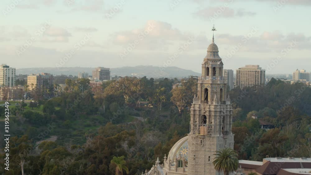 Aerial drone footage of California Tower in Balboa Park during an amazing sunset in San Diego, California. 