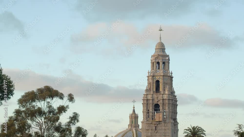 Aerial drone footage of California Tower in Balboa Park during an amazing sunset in San Diego, California. 