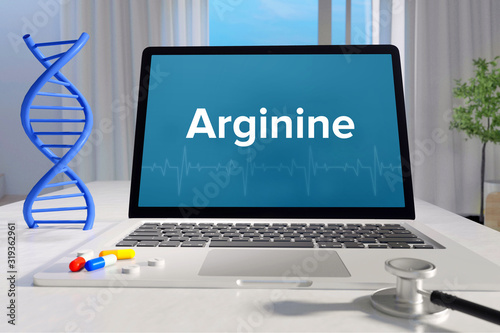 Arginine – Medicine/health. Computer in the office with term on the screen. Science/healthcare