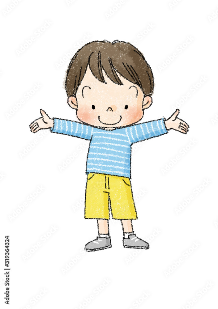 男の子　全身正面　両手広げる　（黒線）