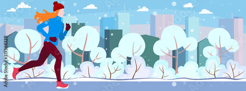 Winter running. The girl runs on a winter day in the city Park, trees. bushes in the snow. On the background of the house with Windows. Banner, poster, card, healthy lifestyle. Vector Illustrtion.