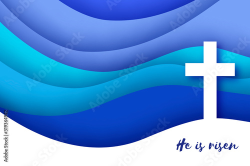 He Is Risen. Easter Banner. Christian cross in paper cut style on blue background.