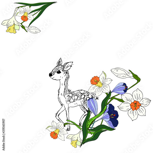 Spring flowers and deer. Vector illustration.