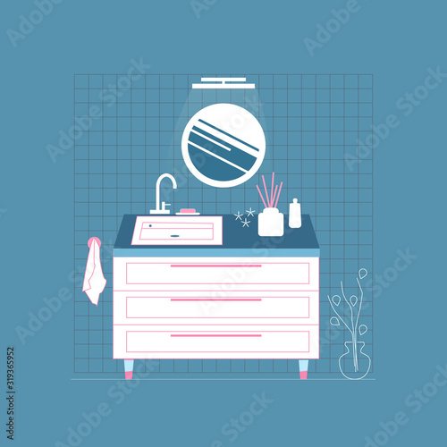 Modern white bathroom interior. Sink and circle mirror. Flat style on blue.