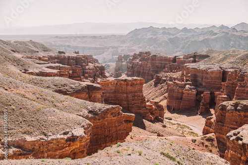 Charyn Canyon, Kazakhstan. Red-yellow canyon in yellow light. Looks like a famous grand canyon in America. Summer photo