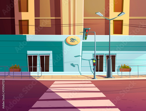 Traffic light and pedestrian crosswalk on city street. Vector cartoon illustration of empty road with stoplight for cars, sidewalk and building in first-person view