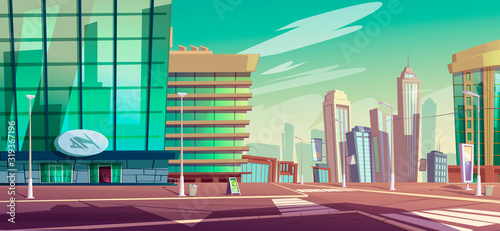 City crossroad with pedestrian crosswalk and street lamps. Vector cartoon town landscape with buildings, skyscrapers and car road intersection. Modern cityscape with empty street