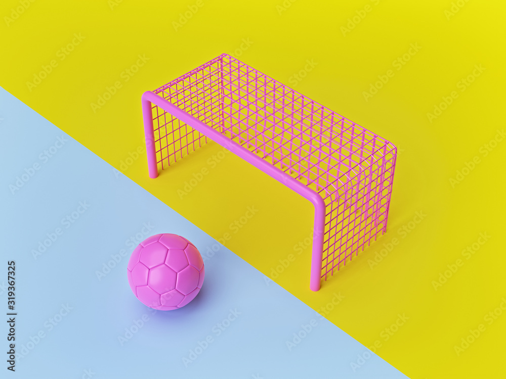 pink soccer ball and goal post on yellow and blue background. minimal