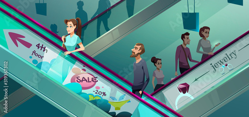 People on escalators in mall. Moving staircase, automatic ladder carrying man and woman up and down. Vector cartoon illustration of elevator stairs in shopping center