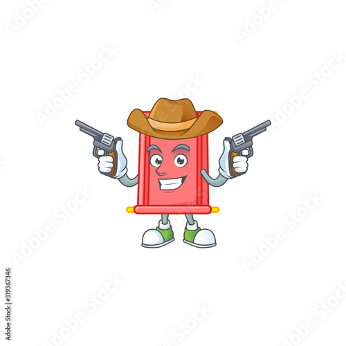 Confident chinese red scroll Cowboy cartoon character holding guns