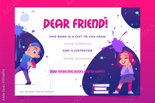 Gift book banner, present card to child. Creative flyer with schoolboy carry volume in hands and girl stand near stack of textbooks on bright background with random blots Cartoon vector illustration