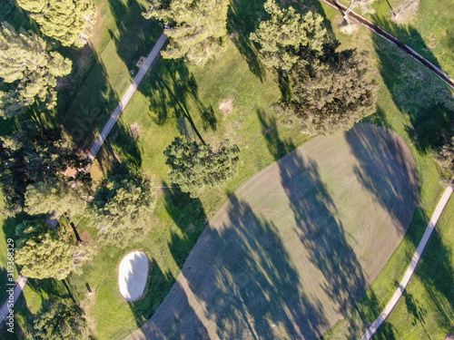 Aerial top view of golf course with green field. Green turf scenery. Temecula, California, USA