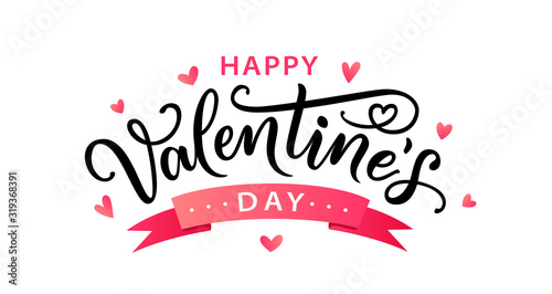 Happy Valentines Day greeting card. Hand drawn text lettering for Valentines Day with hearts. Calligraphic design for print cards, banner, poster. Vector illustration isolated on white background.