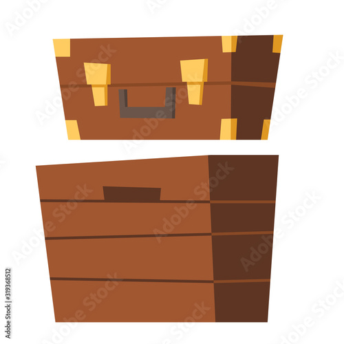 Vector old suitcase and chest isolated on white background. Flat icons of vintage brown leather luggage bag for travel and wooden box for storage or pirate treasure