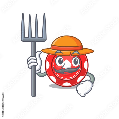 Cheerfully Farmer gambling chips cartoon picture with hat and tools