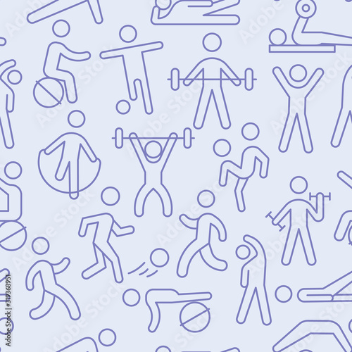 Seamless workout sport pattern. Fitness and gym icons pattern background. Vector graphics