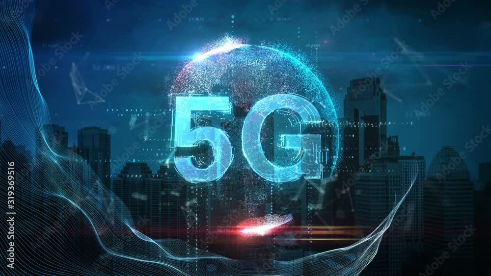 5G 3D Text over Blue City Background.Globe Animation.