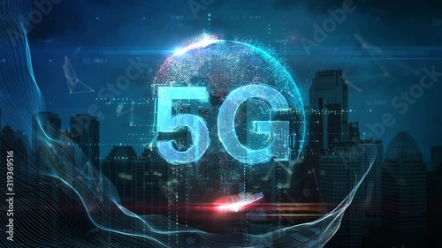 5G 3D Text over Blue City Background.Globe Animation.