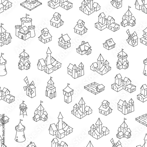 Middle Ages buildings seamless pattern background. Medieval fantasy fortress, house and castle sketch. Hand drawn vector black line.