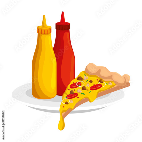 delicious italian pizza with bottles sauces fast food icon