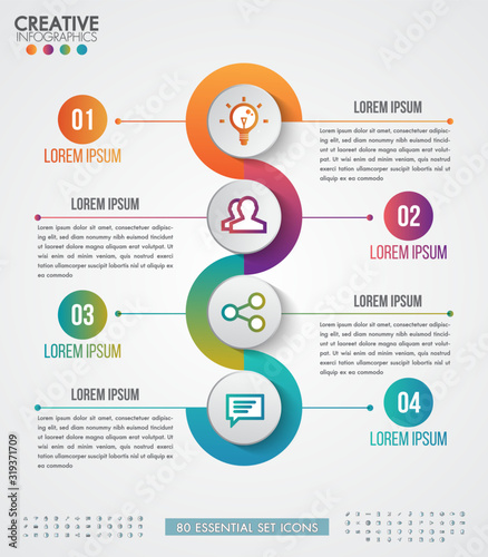 Infographic modern design vector template for business with 4 steps or options illustrate a strategy. Can be used for workflow layout, diagram, annual report, web design.Free 80 essential icons.