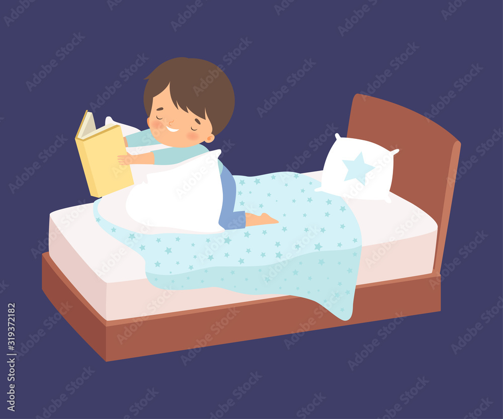 Cute Little Boy Reading a Bedtime Story in the Bed at Night Vector ...