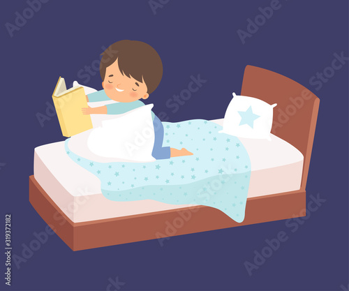 Cute Little Boy Reading a Bedtime Story in the Bed at Night Vector Illustration