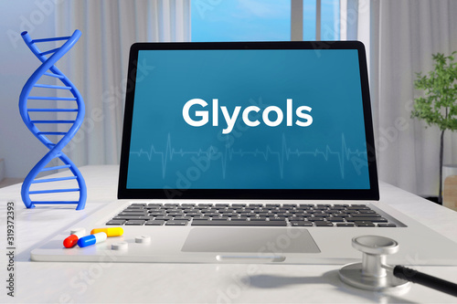 Glycols– Medicine/health. Computer in the office with term on the screen. Science/healthcare