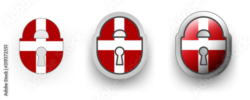 6 Denmark vector icons - button shield and gear, flat and volumetric style in flag colors red, white for flyer any holiday design or poster