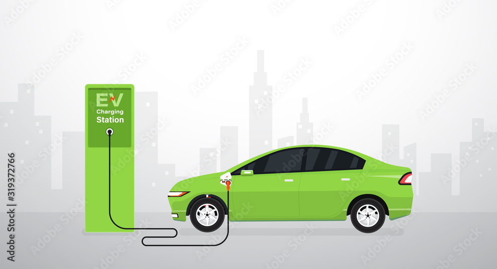 EV Electric car battery charging at station. Vector illustration