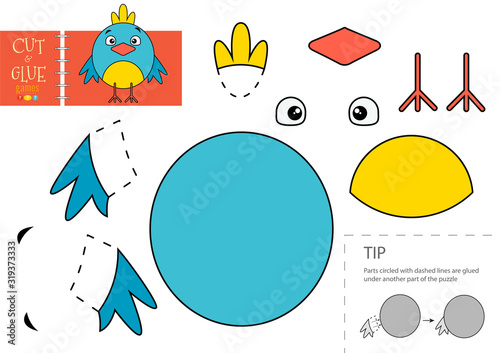 Cut and glue paper toy. Vector cute bird character for educational activity