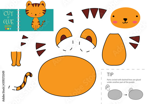 Cut and glue paper vector toy. Cute tiger character as a cardboard cutout model