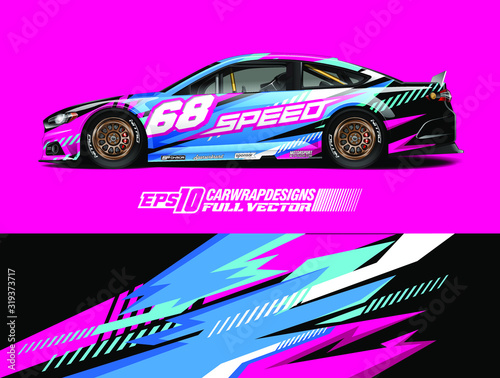 Car wrap decal graphic design. Abstract stripe racing background designs for wrap cargo van, race car, pickup truck, adventure vehicle. Eps 10
