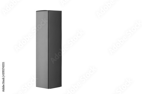 Tall slim elegant black blank rectangle paper box side view isolated, mock up of packing for branding product, advertising, presentation, design.
