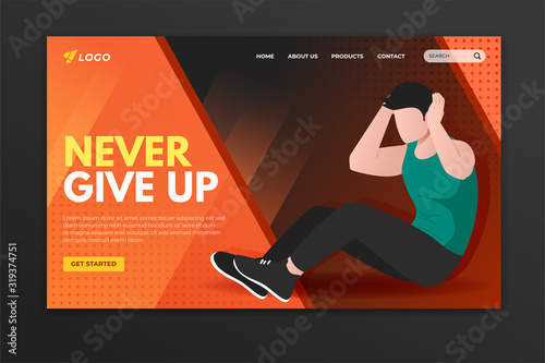 Sport landing page with man doing crunches. Web page template design for gym, personal trainer and fitness center
