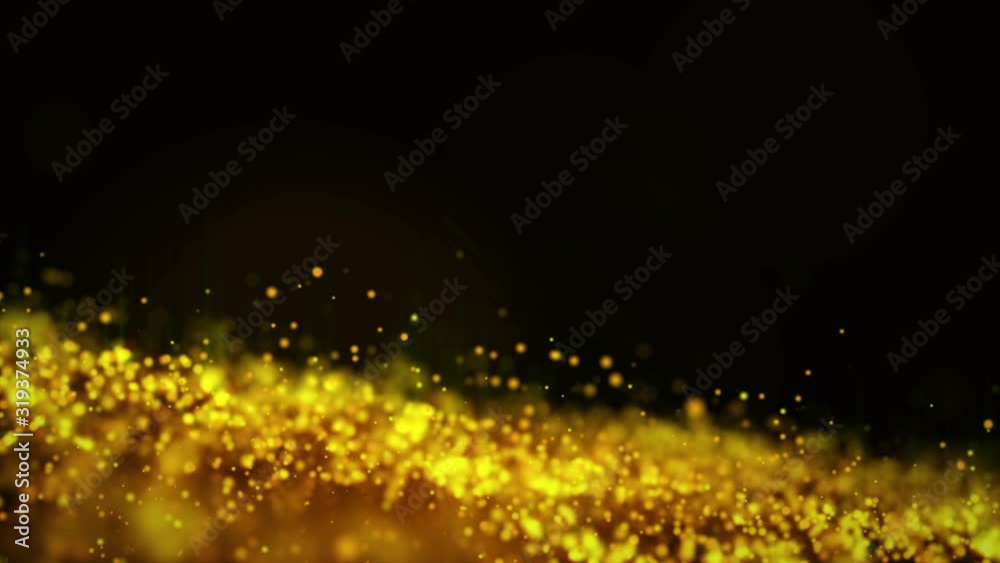Fairy abstract magic elegant gold bokeh on black background, glow particle bokeh 
