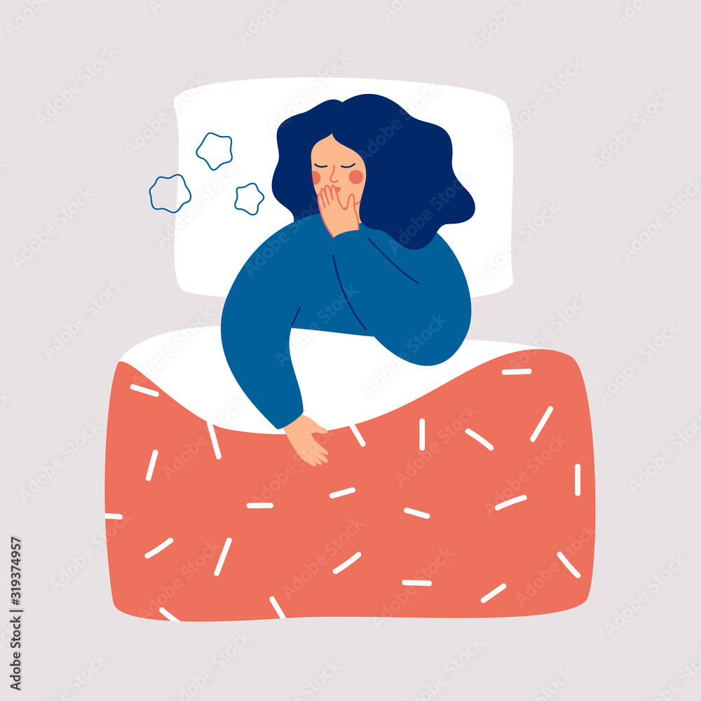 Young woman is lying in the bed and coughing. Sick girl with symptoms of influenza, isolated on light background. Concept of health problem and viral infectious disease. Flat vector illustration.
