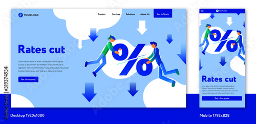 Intenest Rates cut home page. Levitating people take cutting percent like interest decrease. Falling arrows debt. Mobile vertical stories and desktop breakpoints. Isolated vector illustration