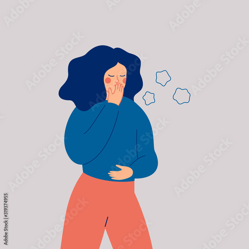 Young woman is coughing. Sick girl with symptoms of influenza, isolated on light background. Concept of health problem and viral infectious disease. Flat cartoon vector illustration.