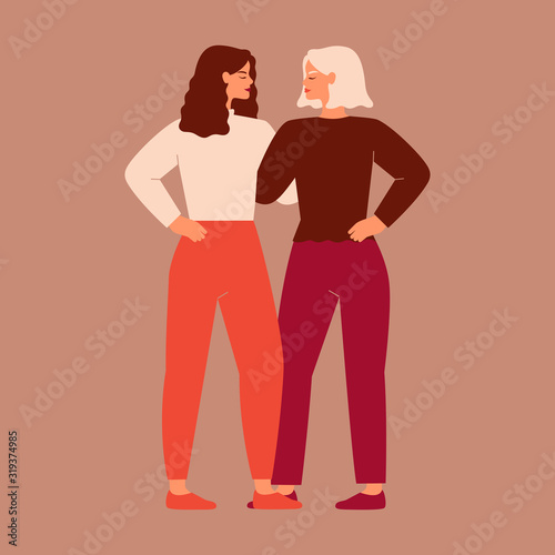 Front view of two strong women supporting each other. Friends hug and look each other in the face. The concept of friendship, care and love. Vector flat illustration
