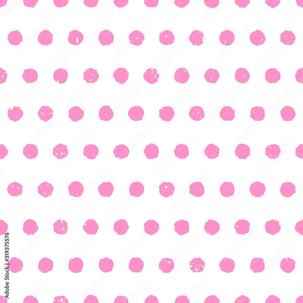 Textured pink polka dot background. Cute seamless pattern with rosy circles on white background. Vector illustration.