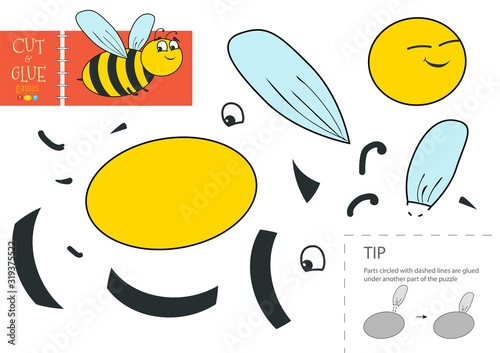 Cut and glue paper vector toy. Funny bee character as a cardboard cutout model