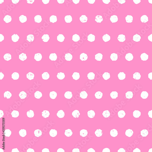 Cute polka dot white on pink background. Cute seamless pattern with aged effect. Vector illustration.