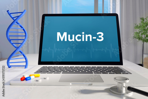 Mucin-3– Medicine/health. Computer in the office with term on the screen. Science/healthcare