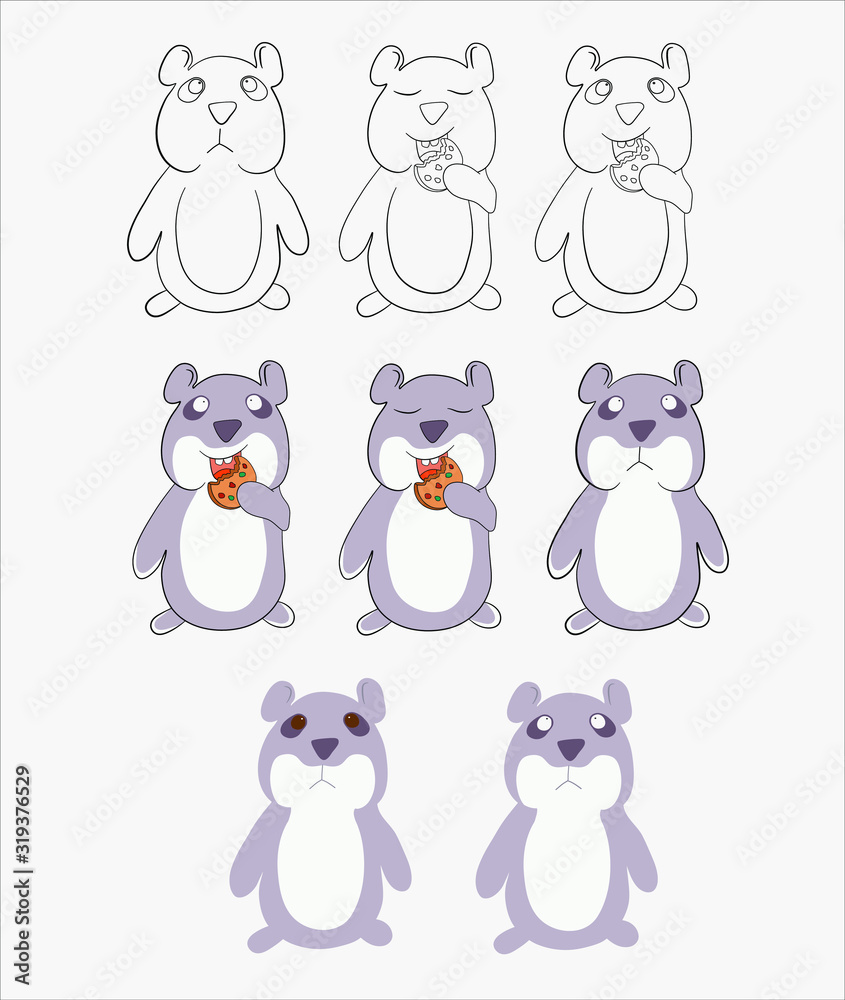A set of pictures consisting of hamsters: a sad hamster, a hamster eats cookies, and a black and white hamster for coloring A set of pictures consisting of hamsters: a sad hamster, a hamster eats cookies, and a black and white hamster for coloring