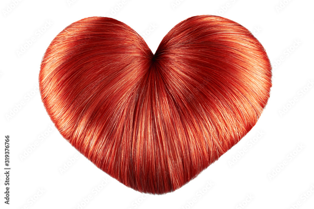 Red hair in shape of heart on white, isolated. Doughnut bun