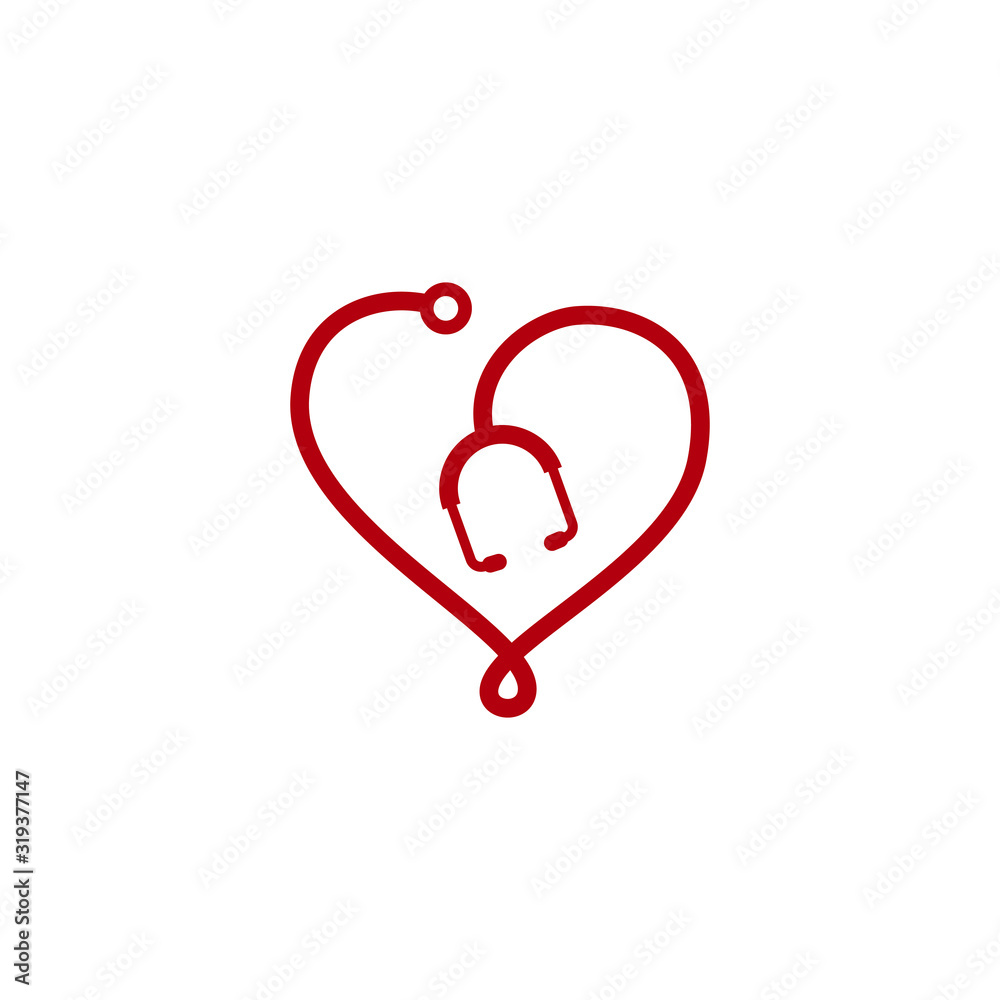 Stethoscope vector icon logo design isolated on heart shape. Health checkup tool vector icon