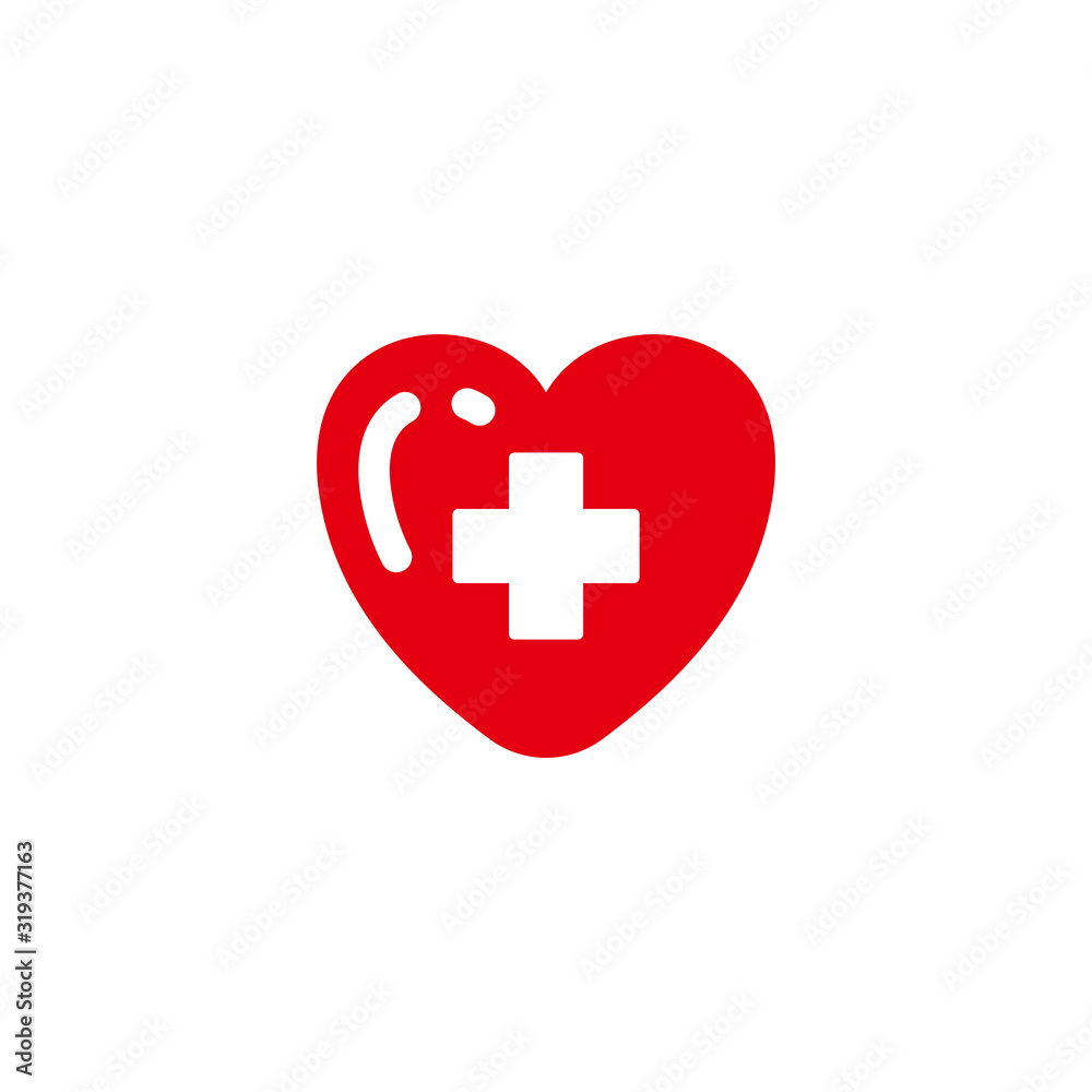 Heart care with hospital plus sign vector illustration. Heart vector icon symbol Heart care with hospital plus sign vector illustration. Heart vector icon symbol