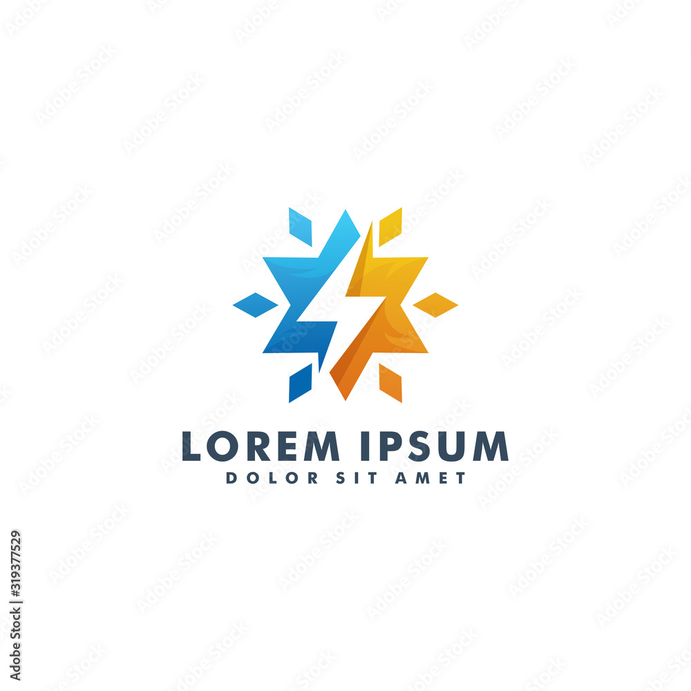 Obraz premium Sun electrical logo design, Thunder icon logotype vector illustration