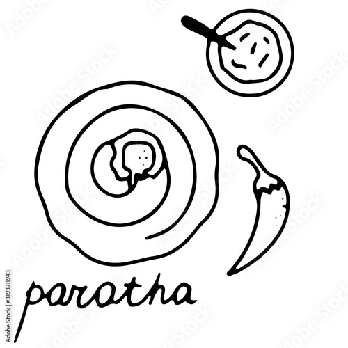 Hand drawn isolated indian food icon. Black outline illustration of indian flat bread. Paratha.